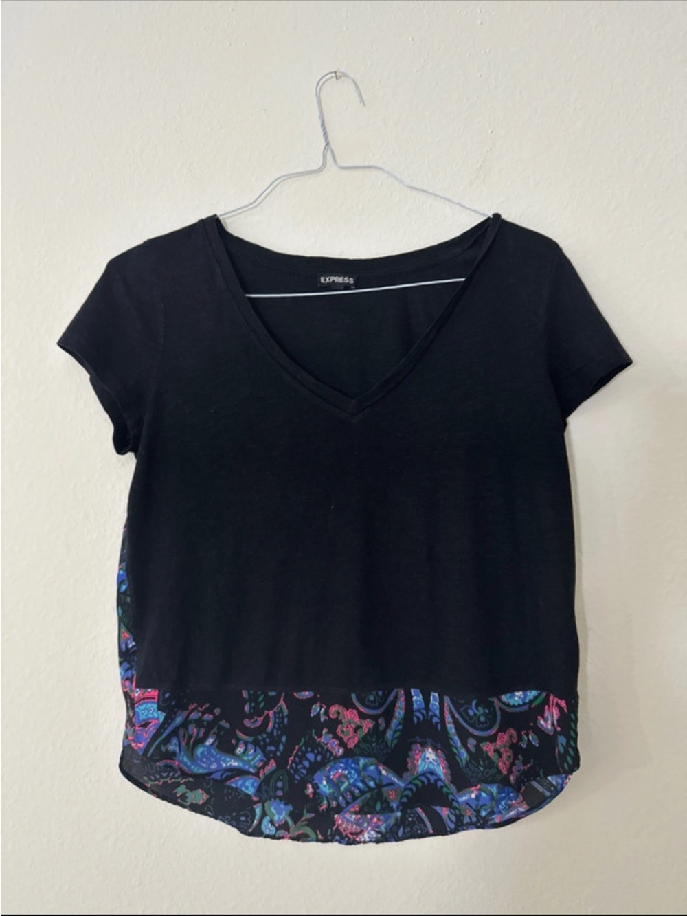 Express Black Short Sleeve V-Neck Top with Blue & Purple Paisley Hem